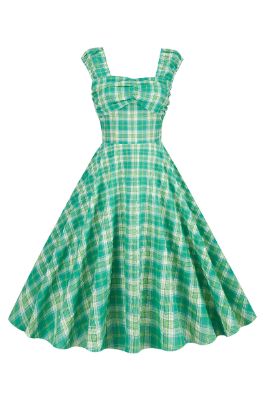 One-Line Neck High-Waisted Vintage Plaid Dress sold by Zapaka