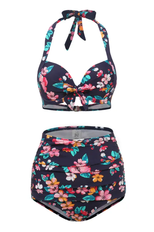 Navy Blue Printed Halter One Piece Swimwear sold by Zapaka