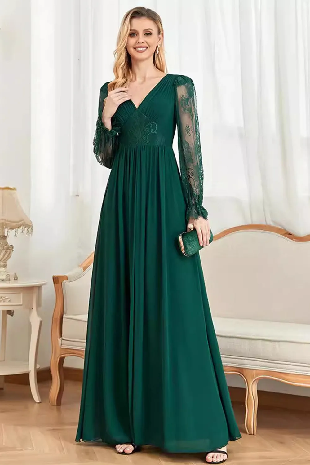 Dark Green Lace Long SLeeves A Line Prom Dress sold by Zapaka