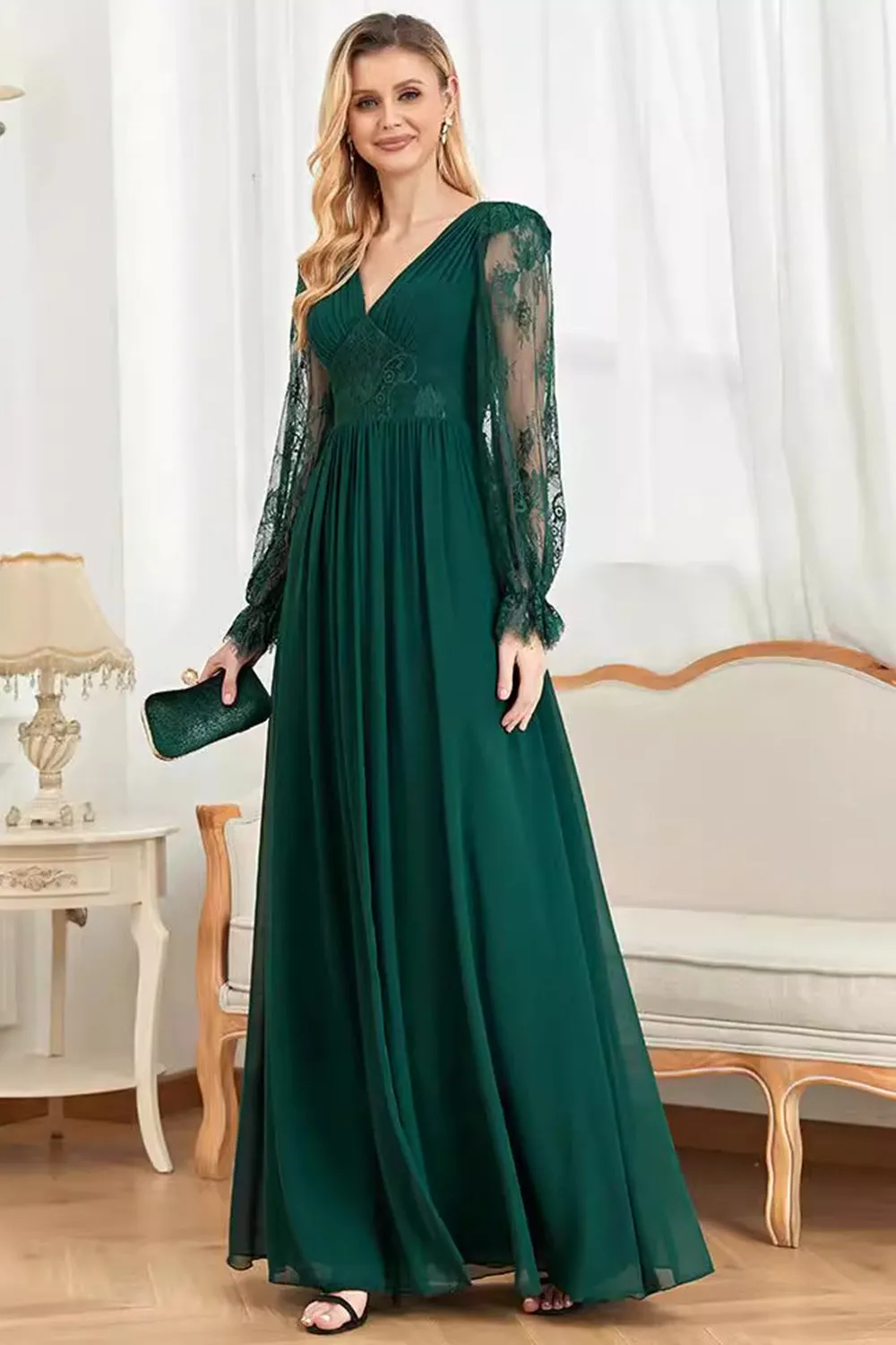 Dark Green Lace Long SLeeves A Line Prom Dress sold by Zapaka product image thumbnail 3