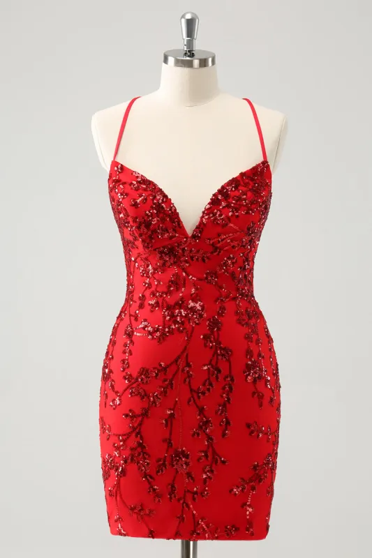 Sparkly Floral Red Tight Short Homecoming Dress with Sequins sold by Zapaka