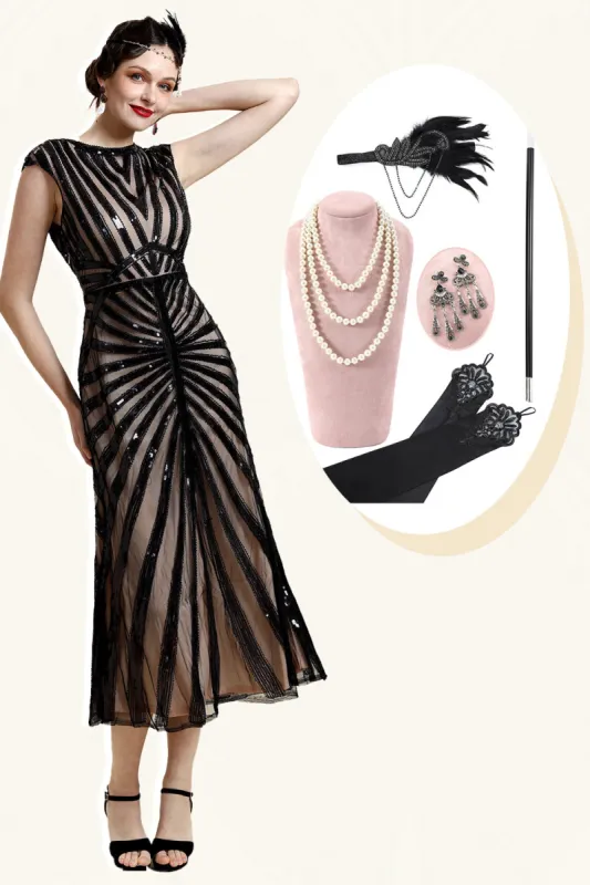 Black Sequins Glitter Midi Flapper Dress with 20s Accessories Set sold by Zapaka