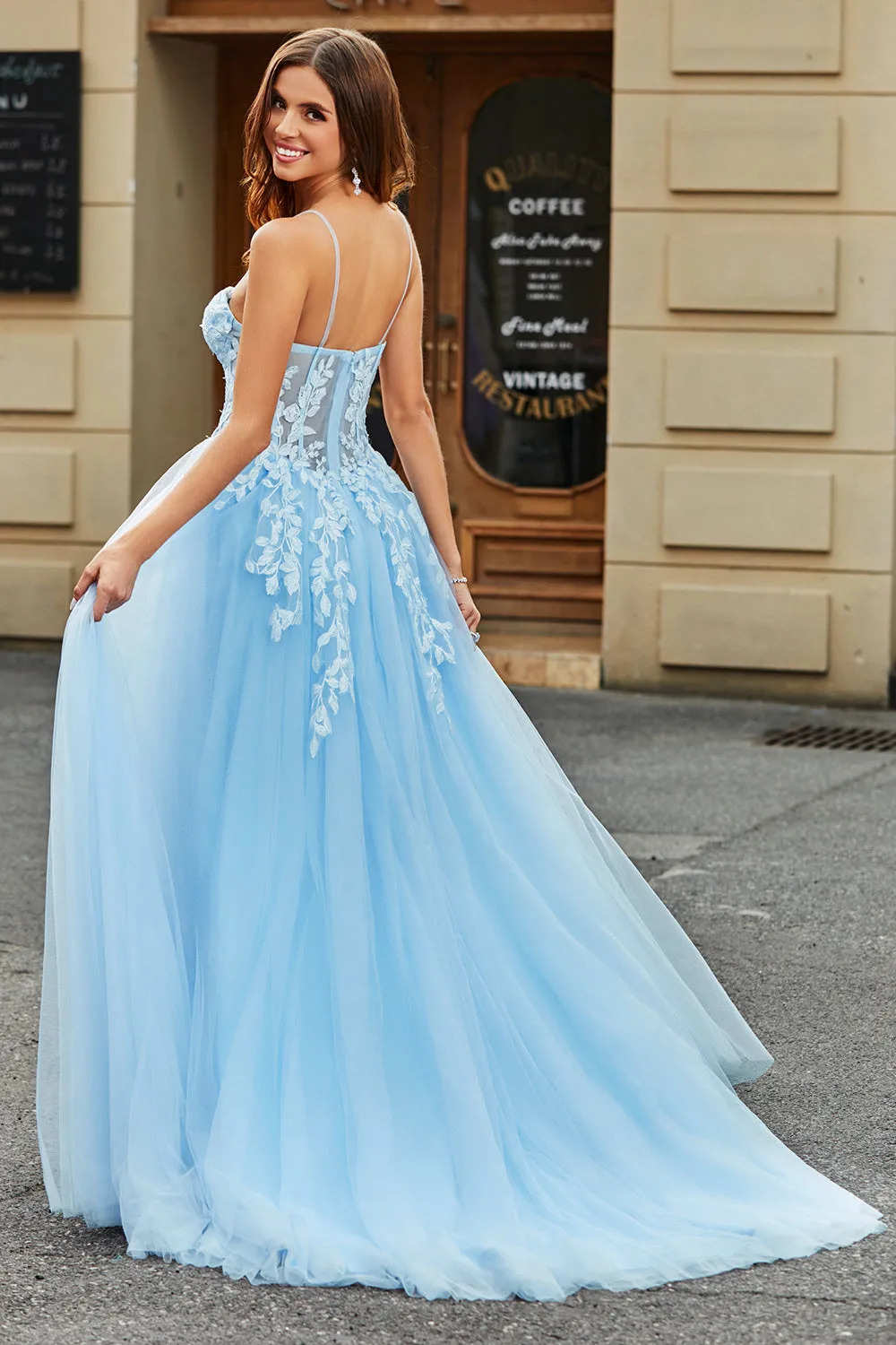 Tulle A-Line Spaghetti Straps Sky Blue Long Corset Prom Dress with Appliques sold by Zapaka product image thumbnail 4