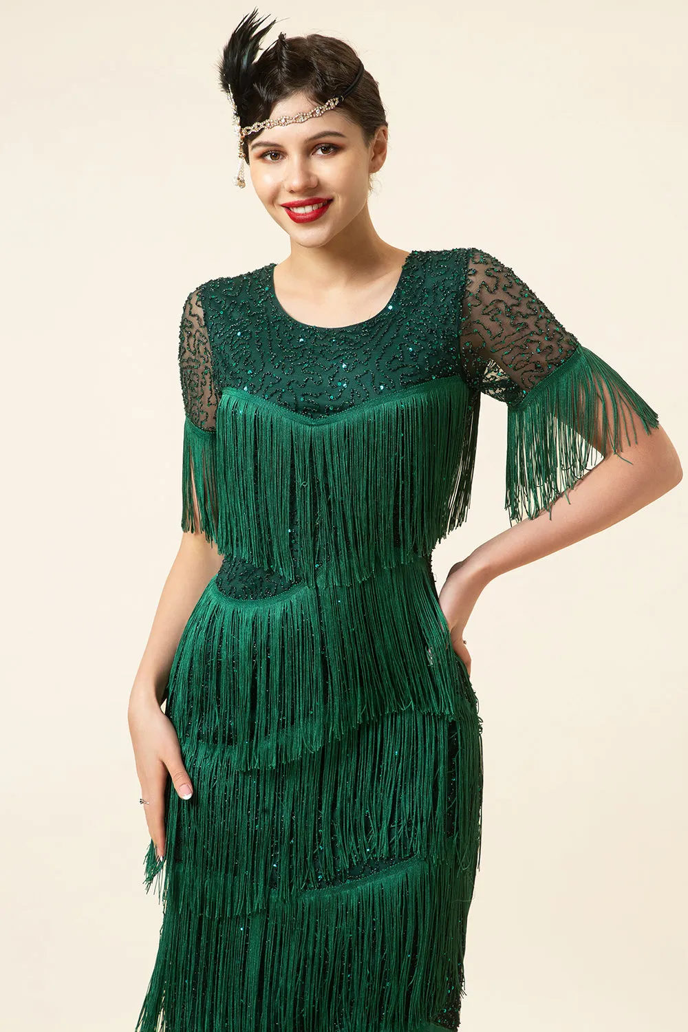 Dark Green Short Sleeves Sequined Fringes 1920s Gatsby Flapper Dress with 20s Accessories Set sold by Zapaka product image thumbnail 5