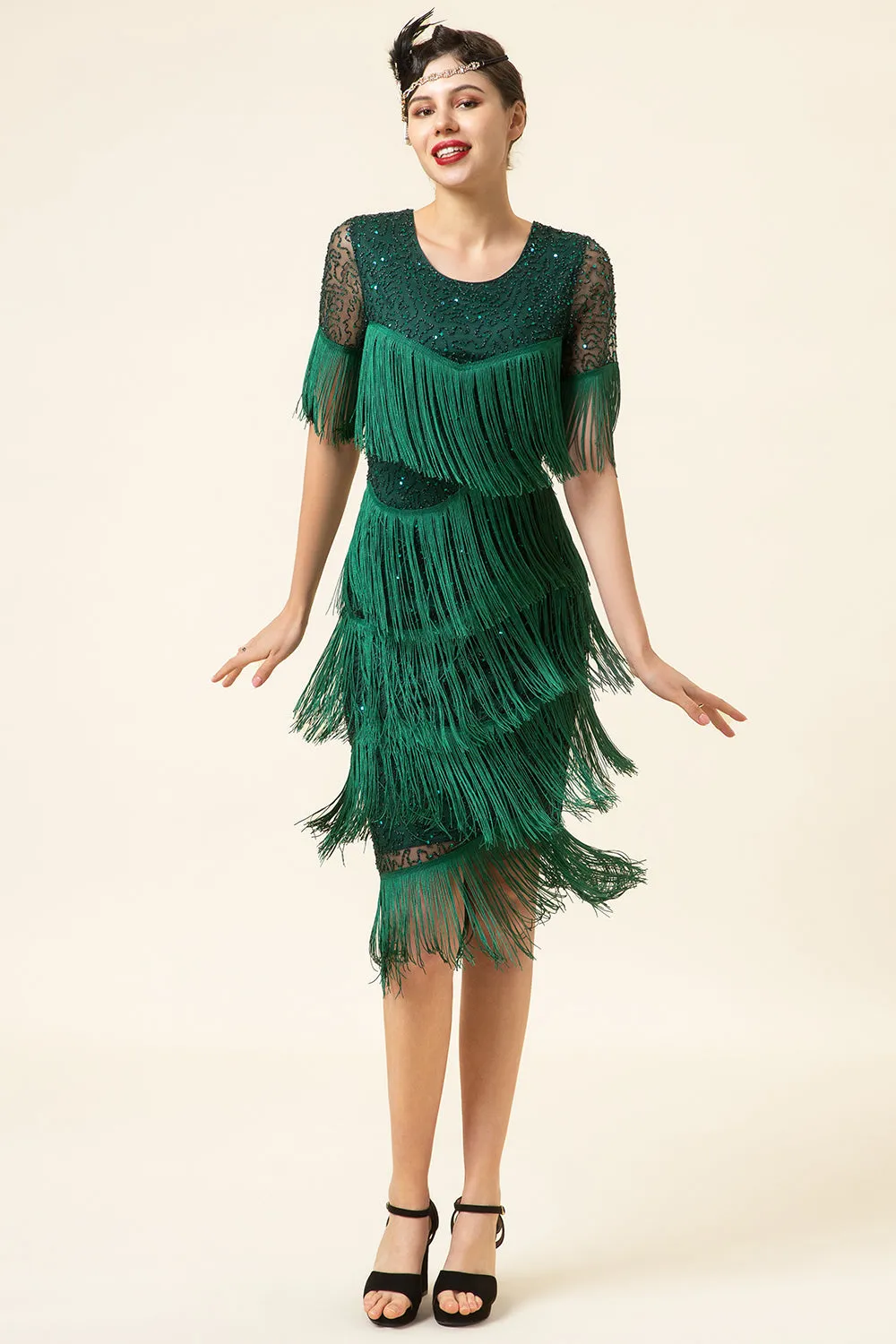 Dark Green Short Sleeves Sequined Fringes 1920s Gatsby Flapper Dress with 20s Accessories Set sold by Zapaka product image thumbnail 2