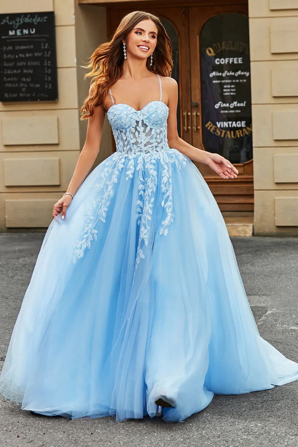 Tulle A-Line Spaghetti Straps Sky Blue Long Corset Prom Dress with Appliques sold by Zapaka product image thumbnail 2