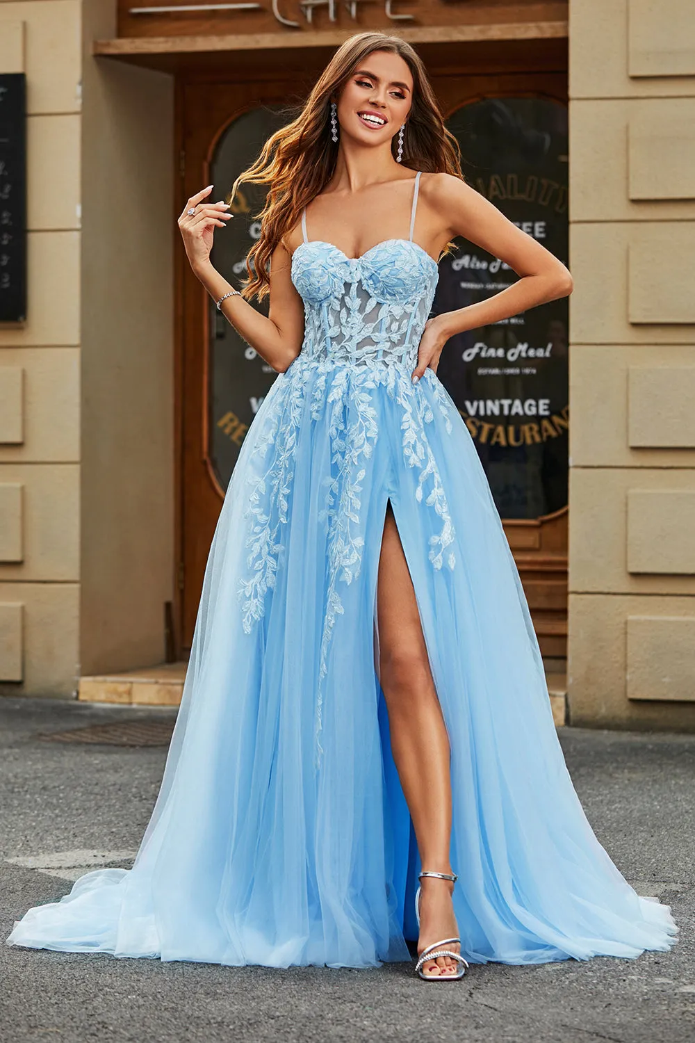 Tulle A-Line Spaghetti Straps Sky Blue Long Corset Prom Dress with Appliques sold by Zapaka