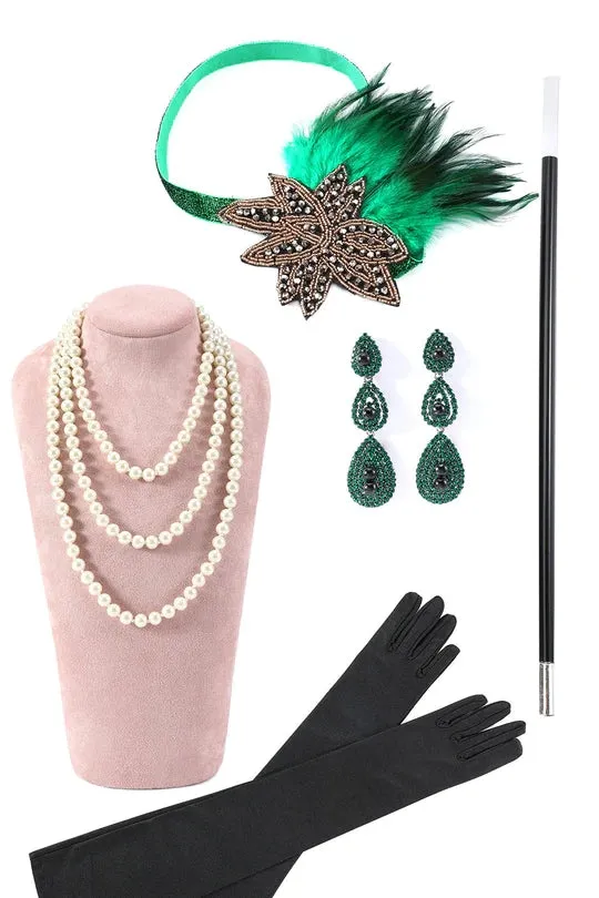 Dark Green Short Sleeves Sequined Fringes 1920s Gatsby Flapper Dress with 20s Accessories Set sold by Zapaka product image thumbnail 4