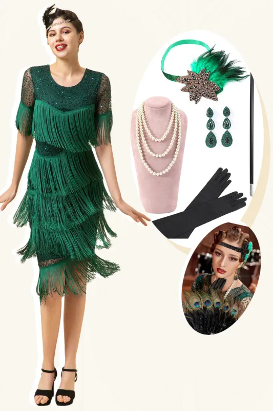 Dark Green Short Sleeves Sequined Fringes 1920s Gatsby Flapper Dress with 20s Accessories Set sold by Zapaka