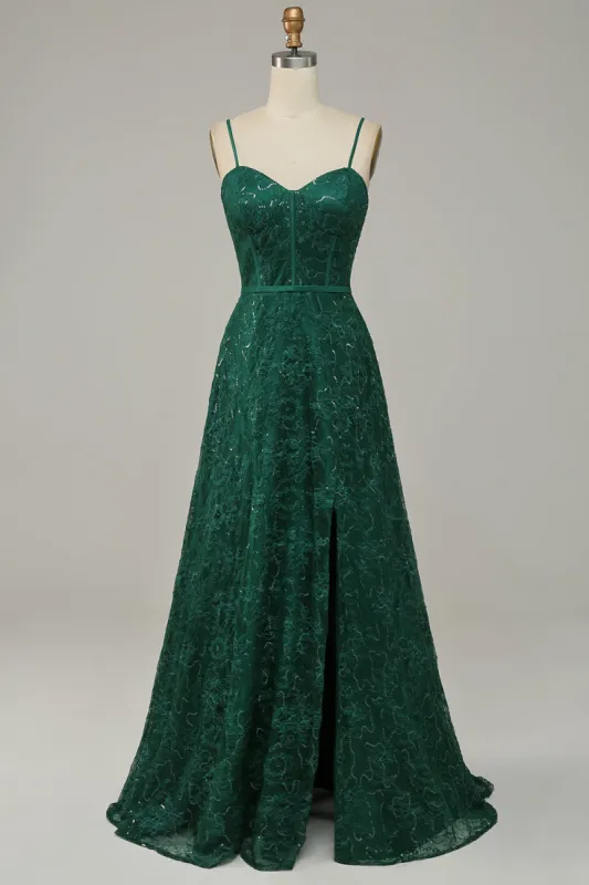Dark Green Lace Spaghetti Straps Corset Prom Dress sold by Zapaka