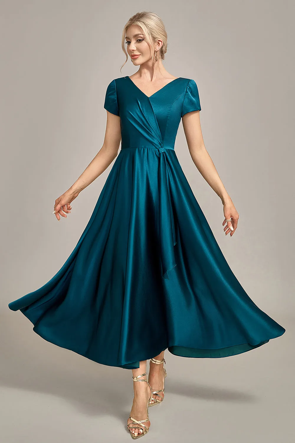 Peacock Green Satin V-neck A-line Pleated Mother of the Bride Dress sold by Zapaka
