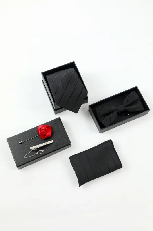 Black Stripe Men's 5-Piece Accessory Set Tie and Bow Tie Pocket Square Flower Lapel Pin Tie Clip sold by Zapaka