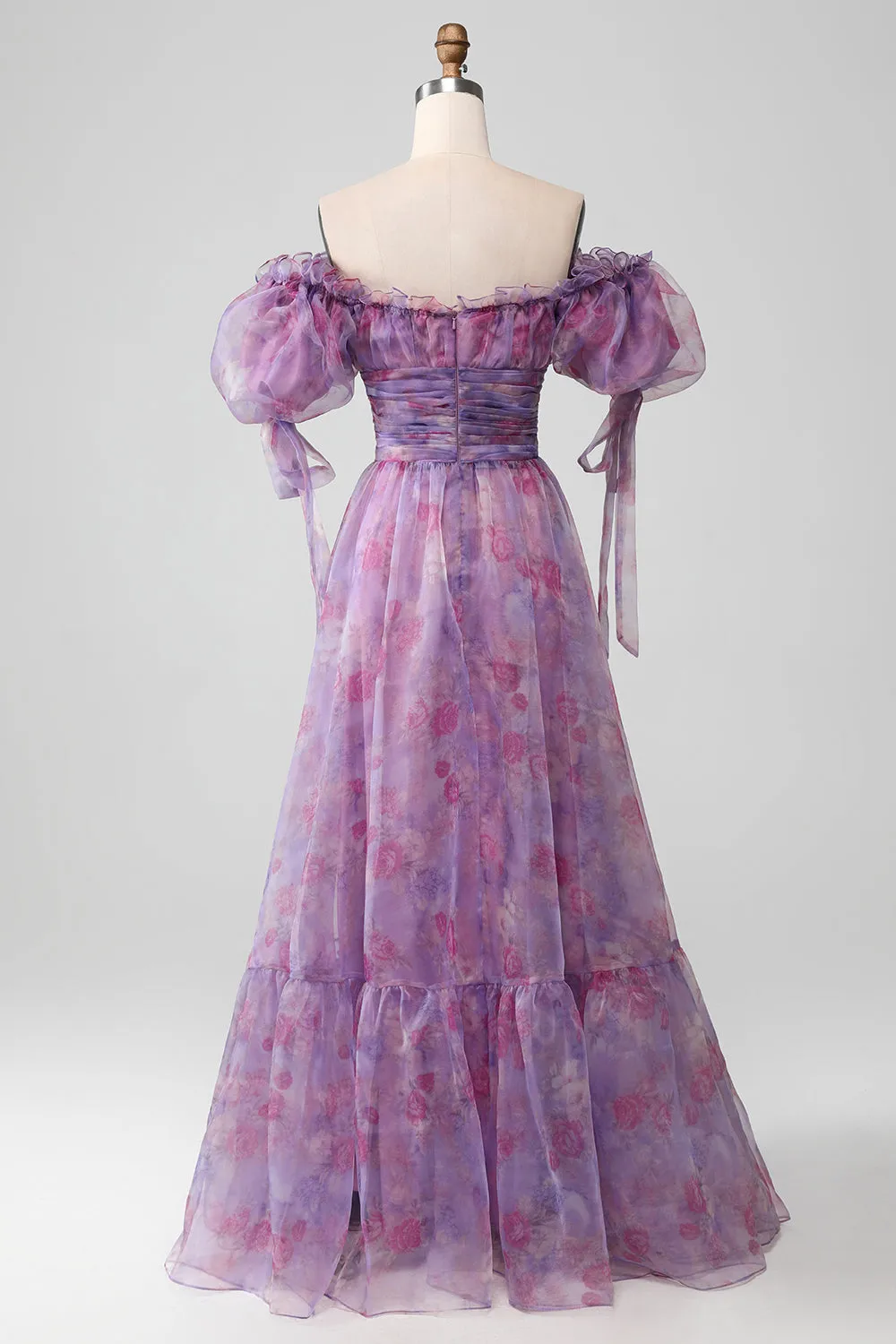 Purple A Line Print Lace-Up Long Prom Dress With Puff Sleeves sold by Zapaka product image thumbnail 2