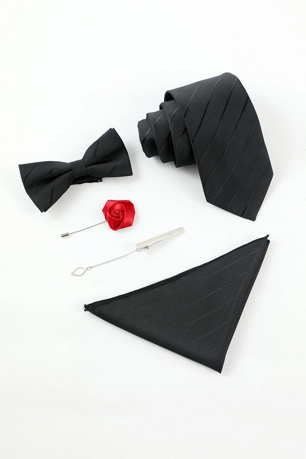 Black Stripe Men's 5-Piece Accessory Set Tie and Bow Tie Pocket Square Flower Lapel Pin Tie Clip sold by Zapaka product image thumbnail 2