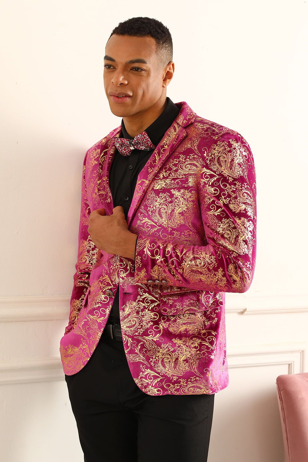 Fuchsia Notched Lapel Jacquard Men's Prom Blazer sold by Zapaka product image thumbnail 5
