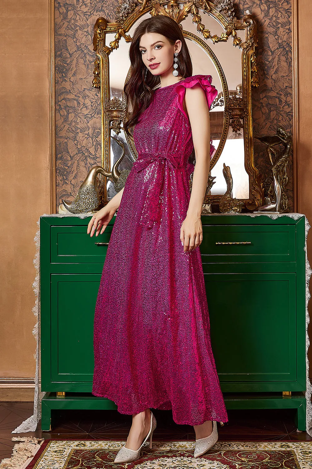 Fuchsia Ruffle Sleeves Long Prom Dress sold by Zapaka product image thumbnail 4