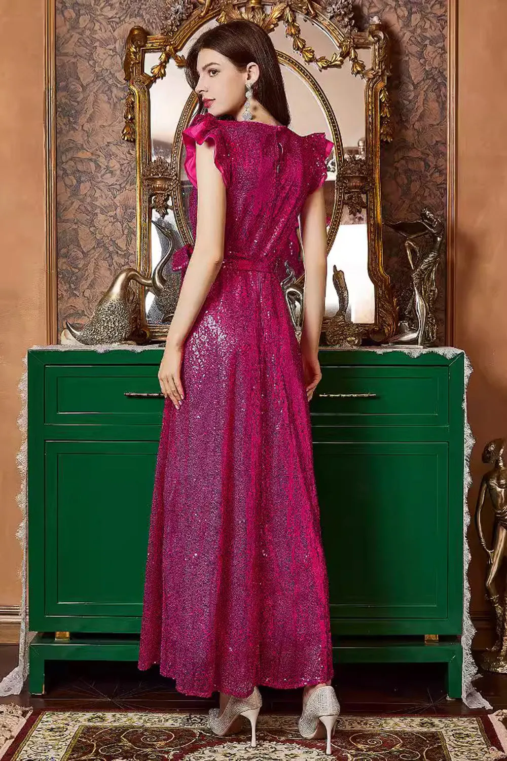 Fuchsia Ruffle Sleeves Long Prom Dress sold by Zapaka product image thumbnail 2