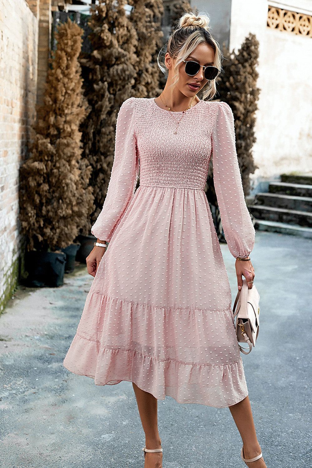 Pink A-Line Long Sleeves Midi Casual Dress sold by Zapaka product image thumbnail 3