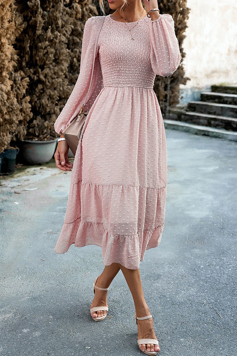 Pink A-Line Long Sleeves Midi Casual Dress sold by Zapaka product image thumbnail 4