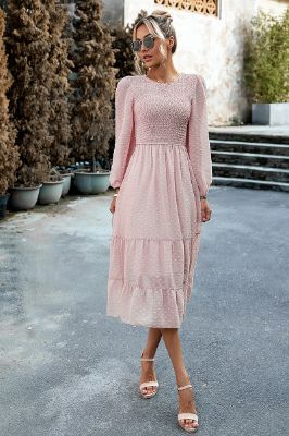 Pink A-Line Long Sleeves Midi Casual Dress sold by Zapaka