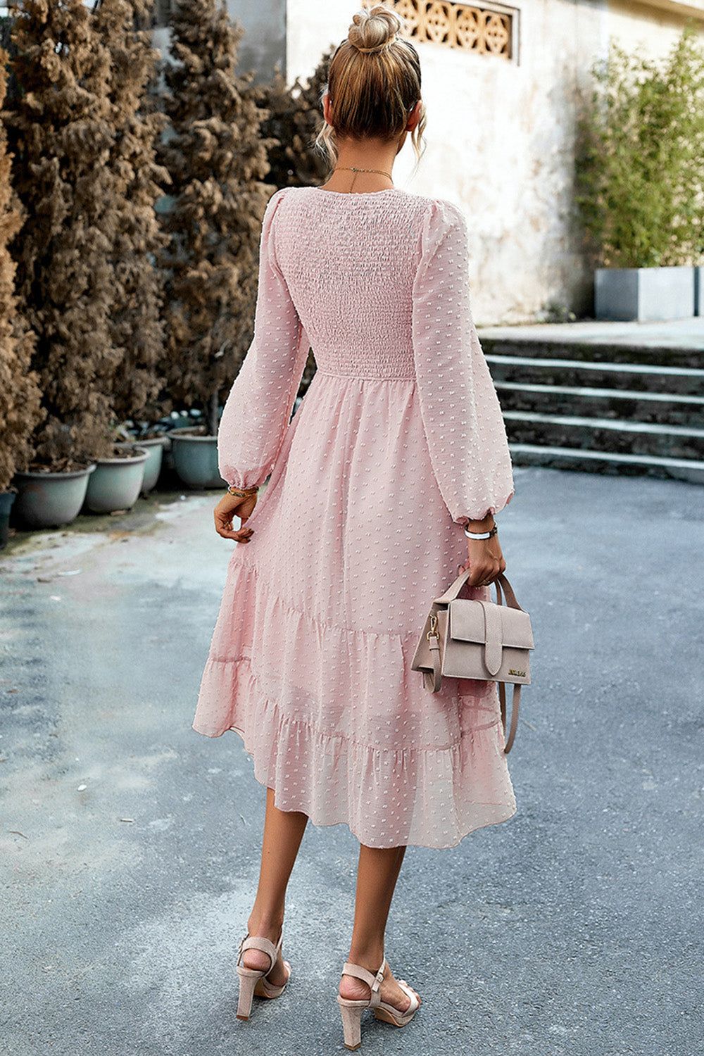 Pink A-Line Long Sleeves Midi Casual Dress sold by Zapaka product image thumbnail 2