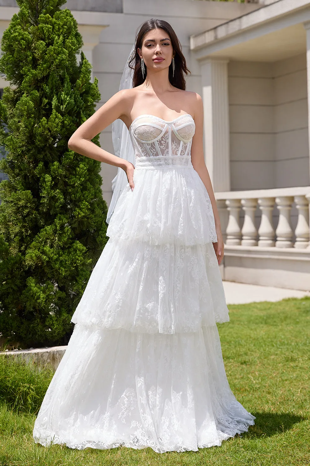 Elegant White Strapless Corset Tiered Long Bridal Party Dress with Lace sold by Zapaka