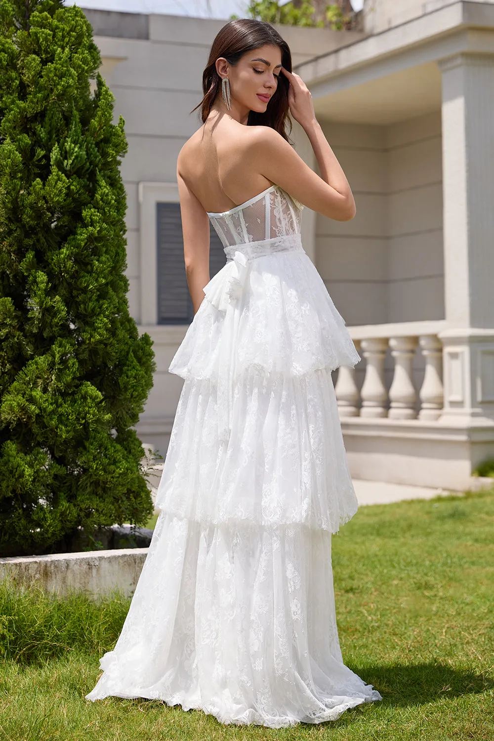 Elegant White Strapless Corset Tiered Long Bridal Party Dress with Lace sold by Zapaka product image thumbnail 2