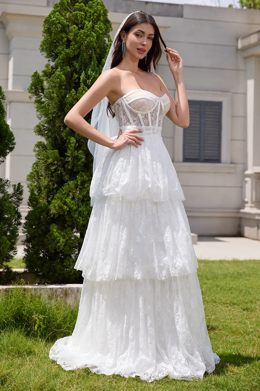 Elegant White Strapless Corset Tiered Long Bridal Party Dress with Lace sold by Zapaka product image thumbnail 5