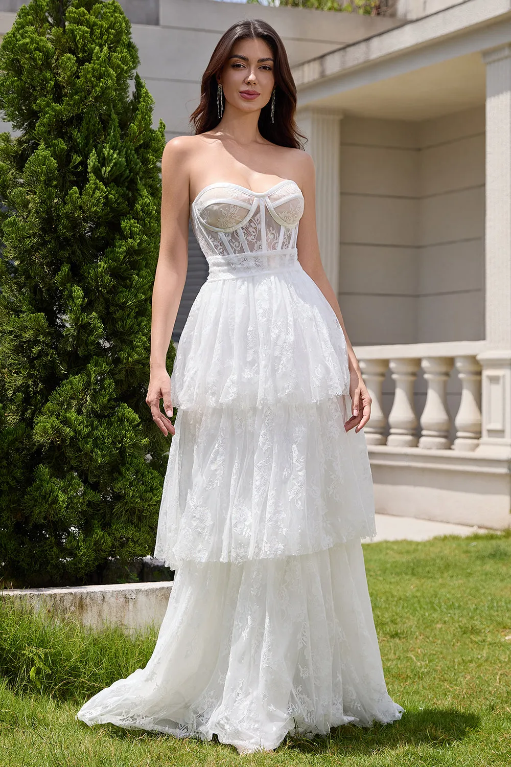 Elegant White Strapless Corset Tiered Long Bridal Party Dress with Lace sold by Zapaka product image thumbnail 3