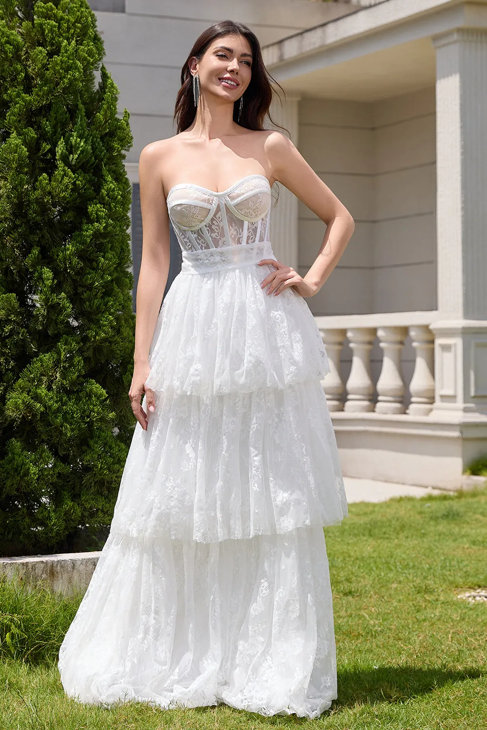 Elegant White Strapless Corset Tiered Long Bridal Party Dress with Lace sold by Zapaka product image thumbnail 4