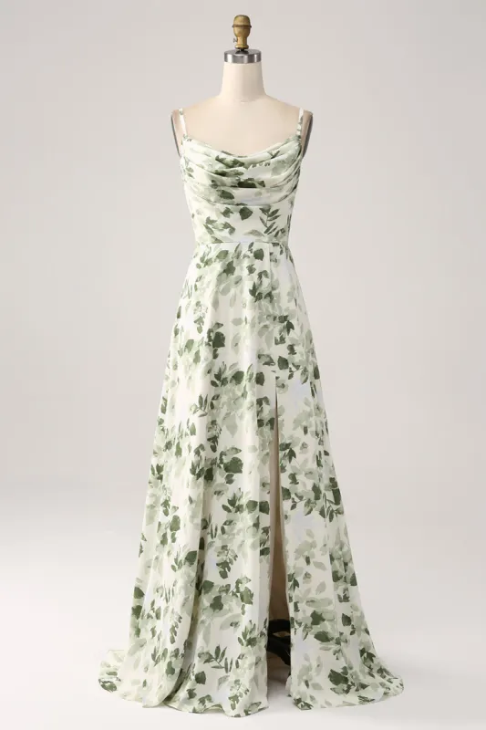 Cowl Neck Green Floral A Line Bridesmaid Dress with Slit sold by Zapaka