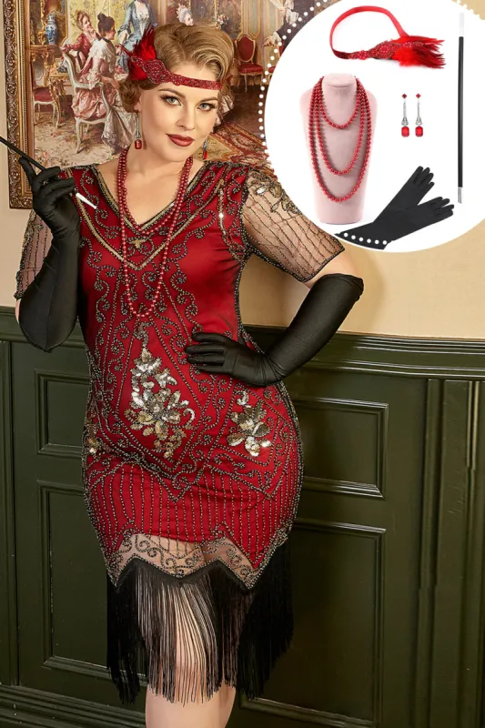 Golden and Red 1920s Plus Size Dress with 20s Accessories Set sold by Zapaka