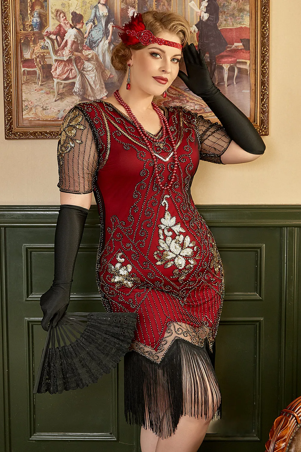 Golden and Red 1920s Plus Size Dress with 20s Accessories Set sold by Zapaka product image thumbnail 5