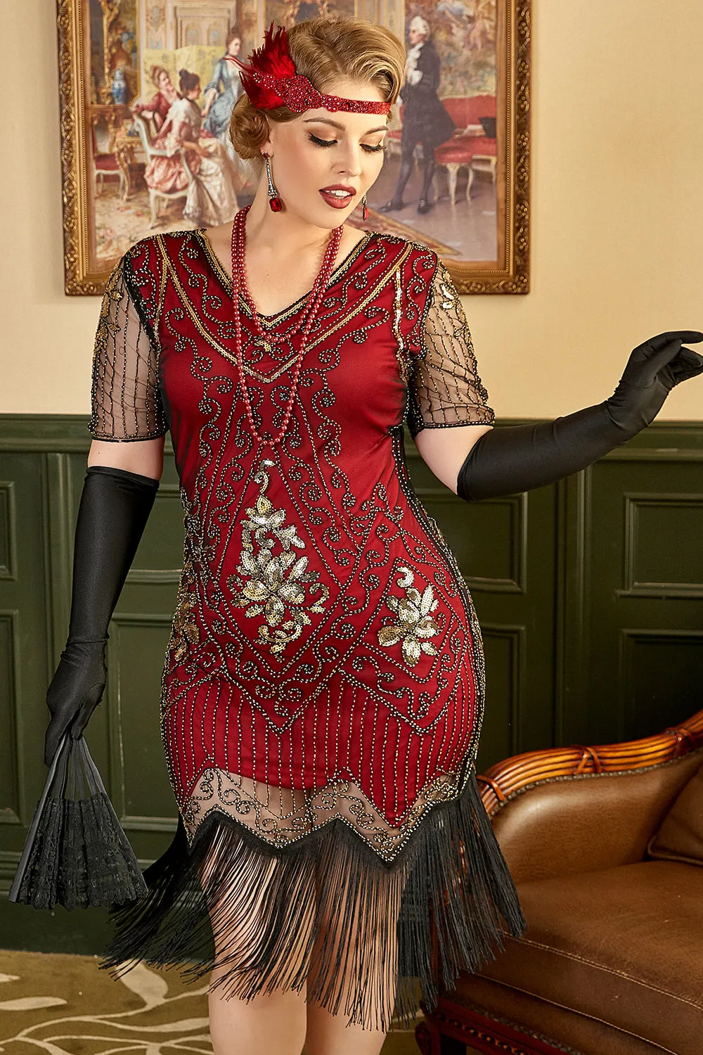 Golden and Red 1920s Plus Size Dress with 20s Accessories Set sold by Zapaka product image thumbnail 2