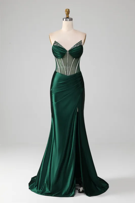 Mermaid Sweetheart Dark Green Corset Prom Dress with Split Front sold by Zapaka