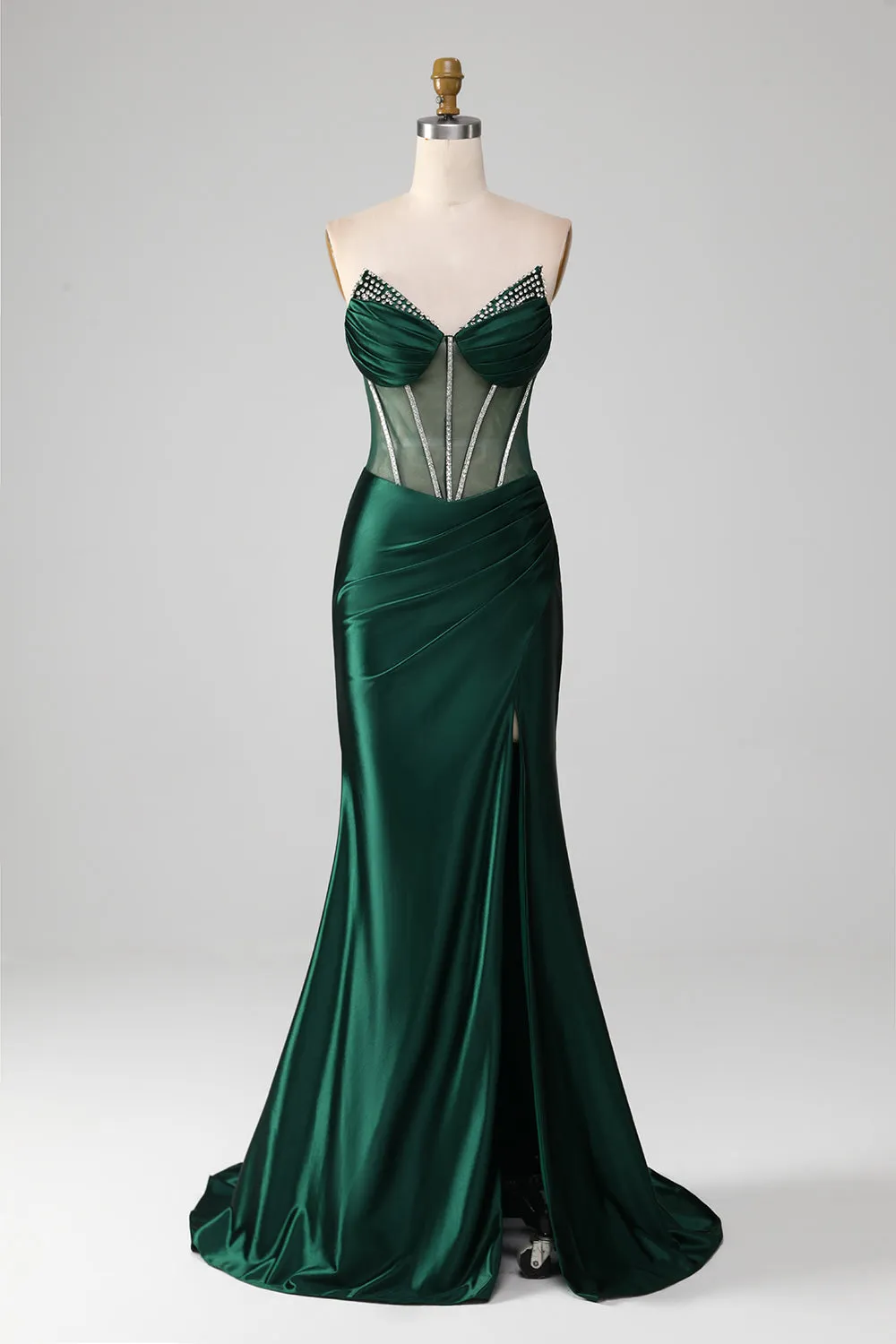 Mermaid Sweetheart Dark Green Corset Prom Dress with Split Front sold by Zapaka