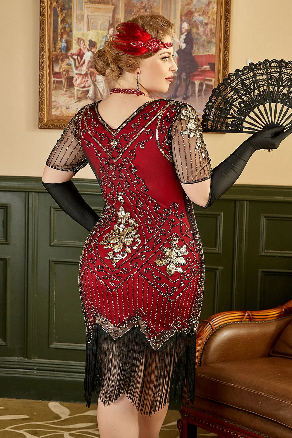 Golden and Red 1920s Plus Size Dress with 20s Accessories Set sold by Zapaka product image thumbnail 3