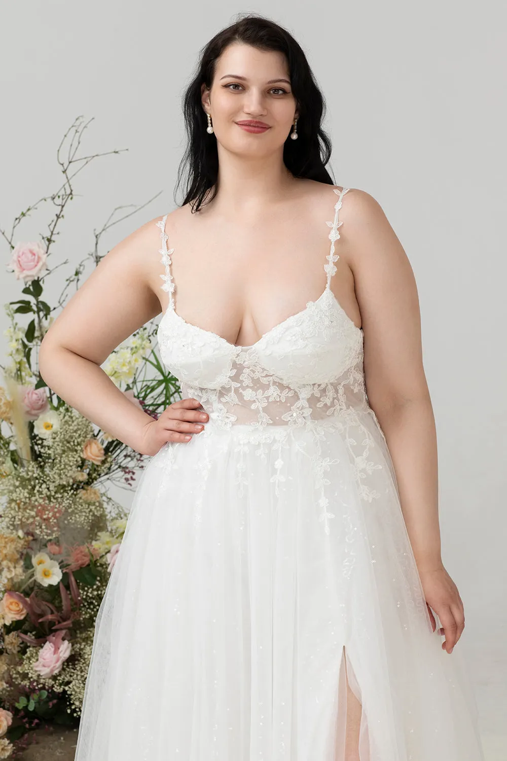 Ivory Spaghetti Straps Tulle A Line Wedding Dress with Slit sold by Zapaka product image thumbnail 5