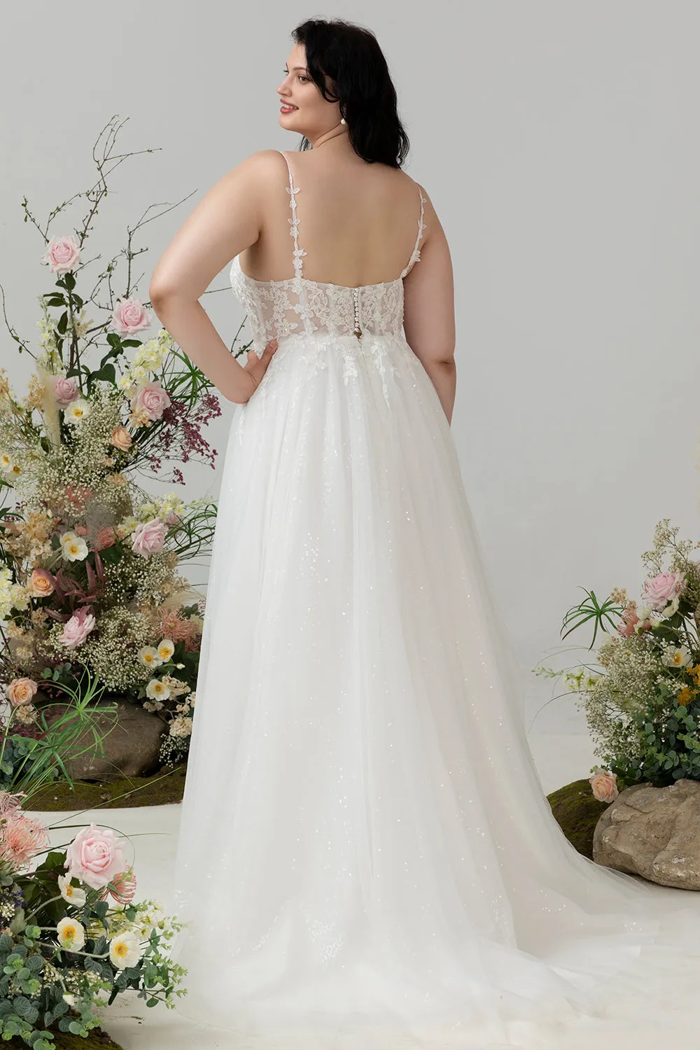 Ivory Spaghetti Straps Tulle A Line Wedding Dress with Slit sold by Zapaka product image thumbnail 2