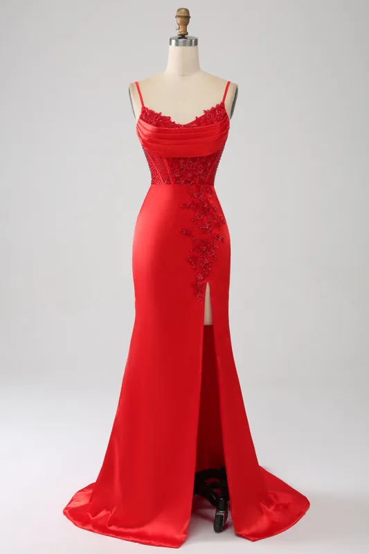 Satin Mermaid Beaded Red Prom Dress with Slit sold by Zapaka