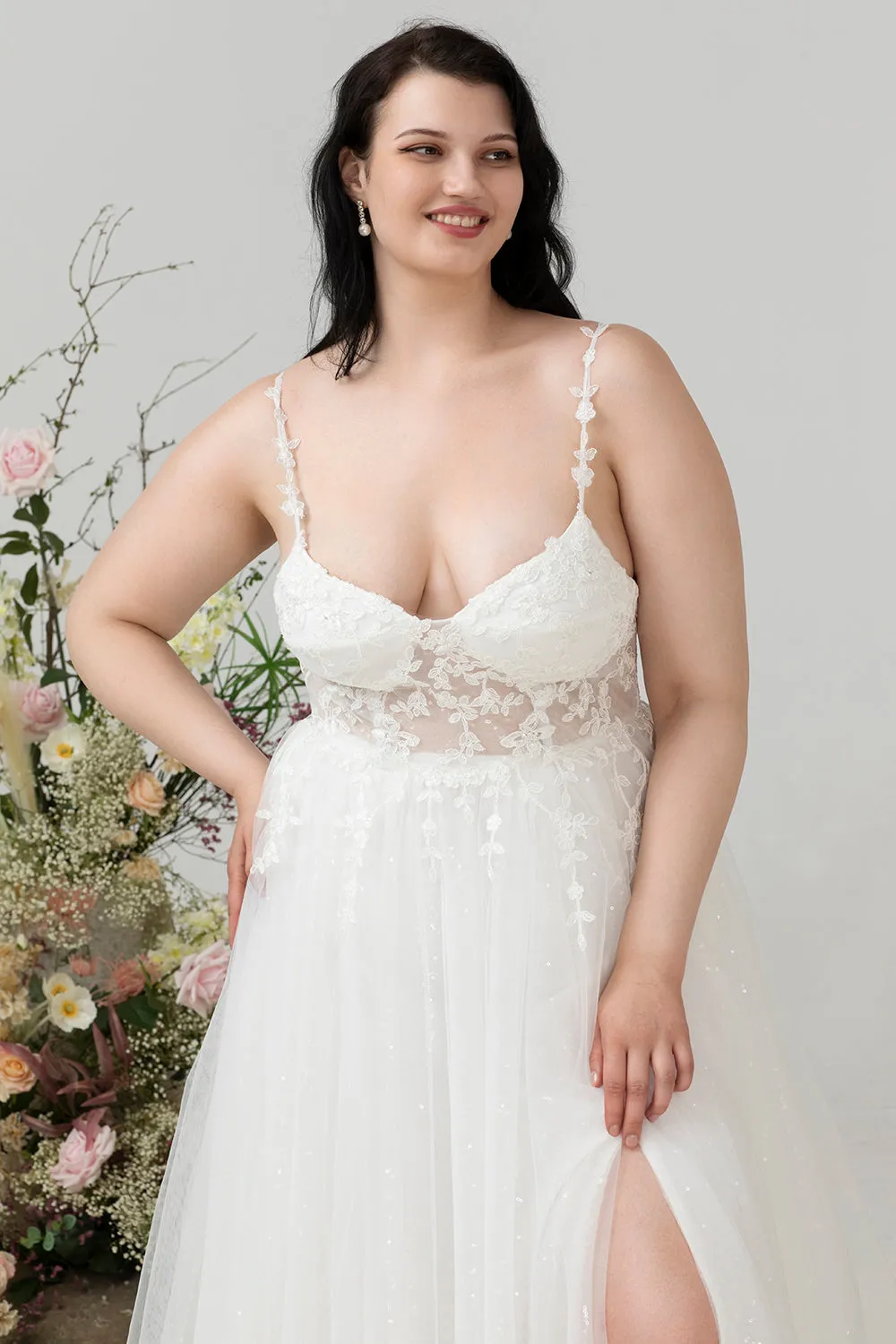 Ivory Spaghetti Straps Tulle A Line Wedding Dress with Slit sold by Zapaka product image thumbnail 3