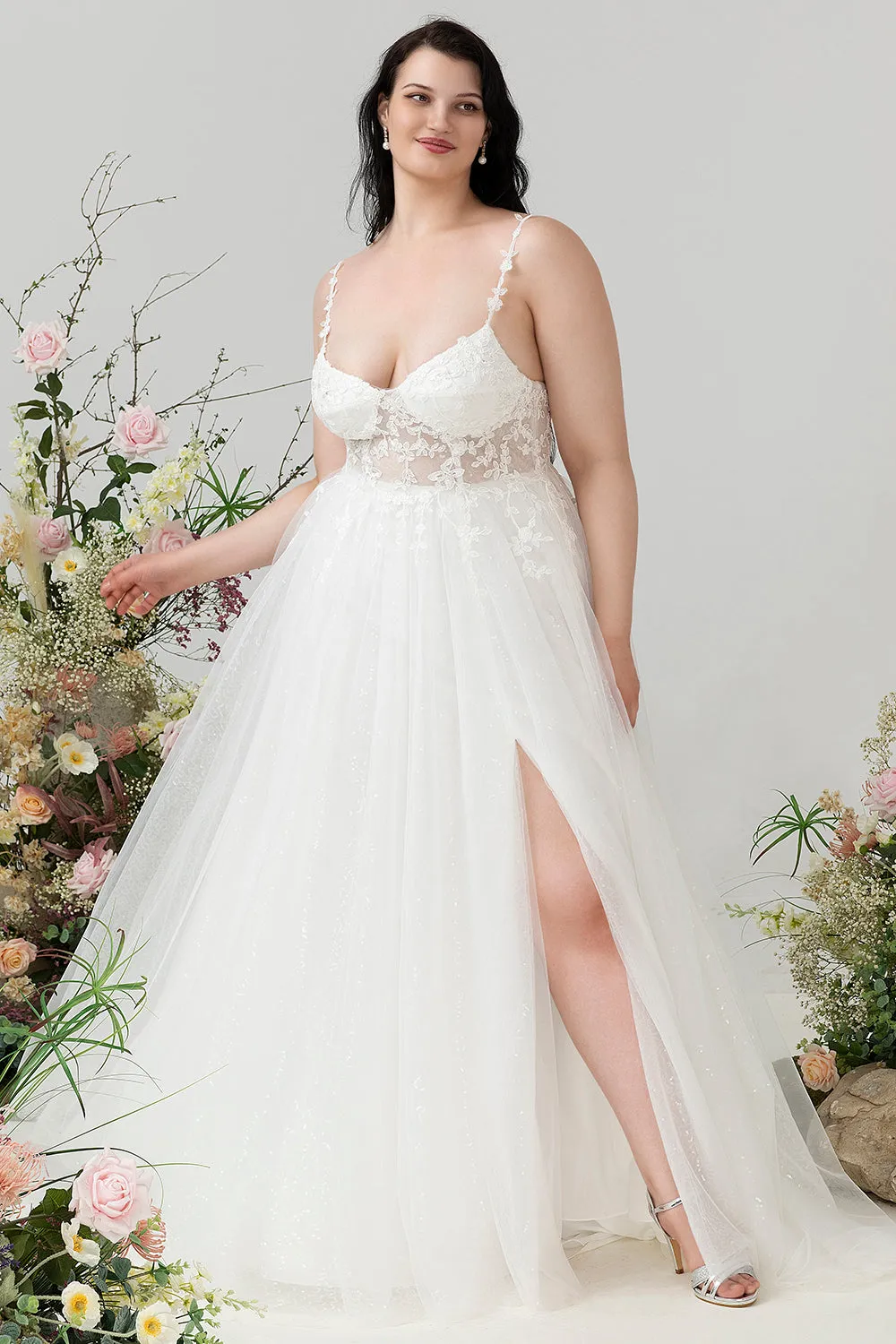 Ivory Spaghetti Straps Tulle A Line Wedding Dress with Slit sold by Zapaka product image thumbnail 4