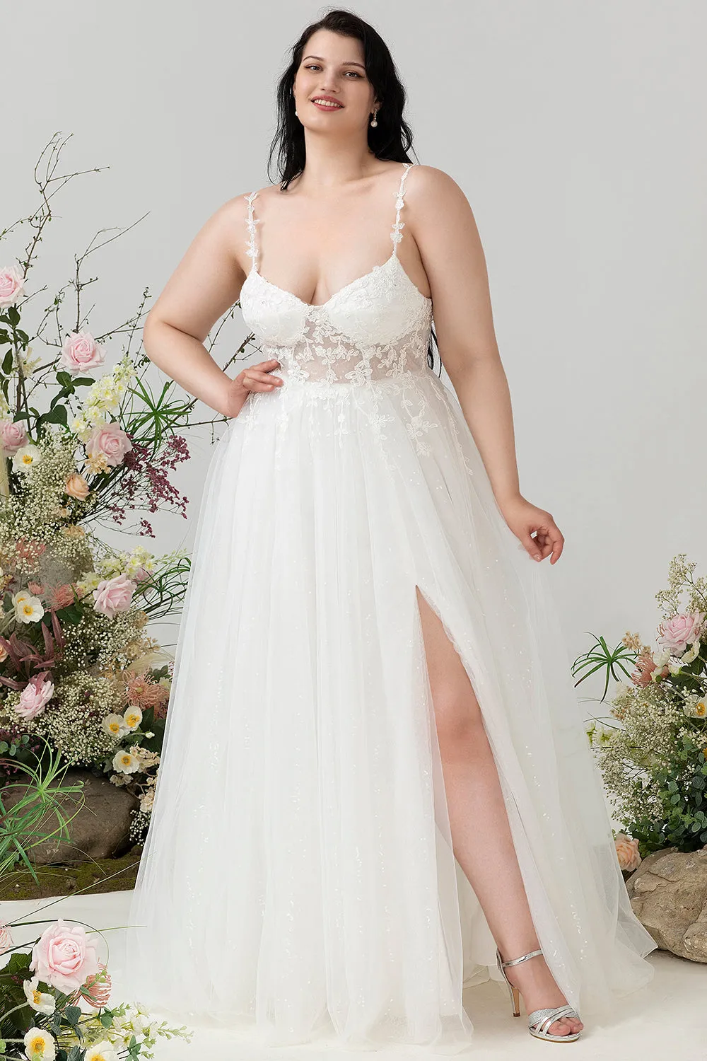 Ivory Spaghetti Straps Tulle A Line Wedding Dress with Slit sold by Zapaka