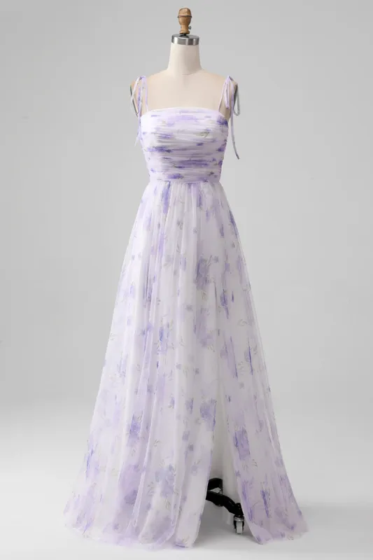 Lavender Flower Spaghetti Straps A Line Long Bridesmaid Dress with Slit sold by Zapaka
