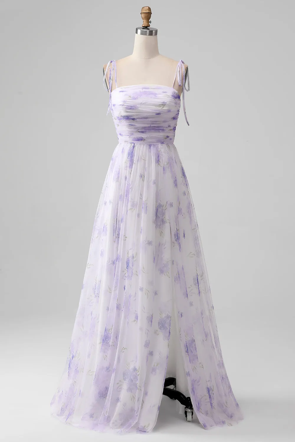 Lavender Flower Spaghetti Straps A Line Long Bridesmaid Dress with Slit sold by Zapaka