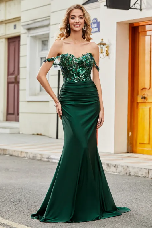 Dark Green Mermaid Off The Shoulder Prom Dress with Ruffles sold by Zapaka