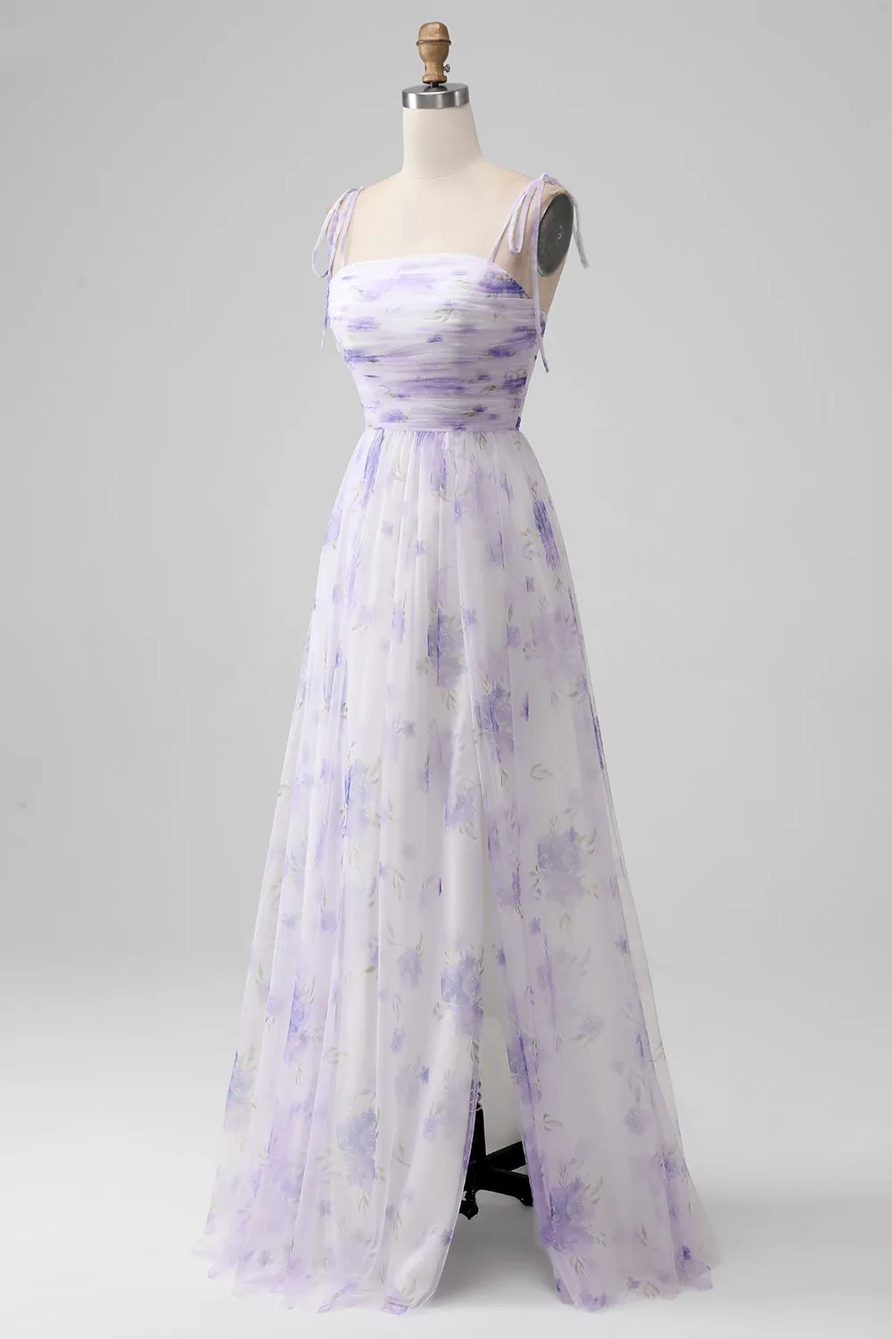 Lavender Flower Spaghetti Straps A Line Long Bridesmaid Dress with Slit sold by Zapaka product image thumbnail 3