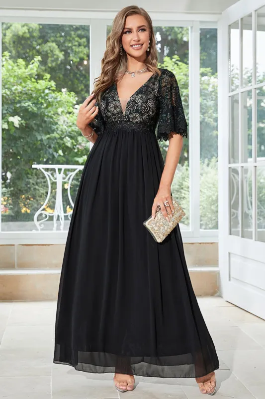 Black A Line Lace Formal Dress with Short Sleeves sold by Zapaka