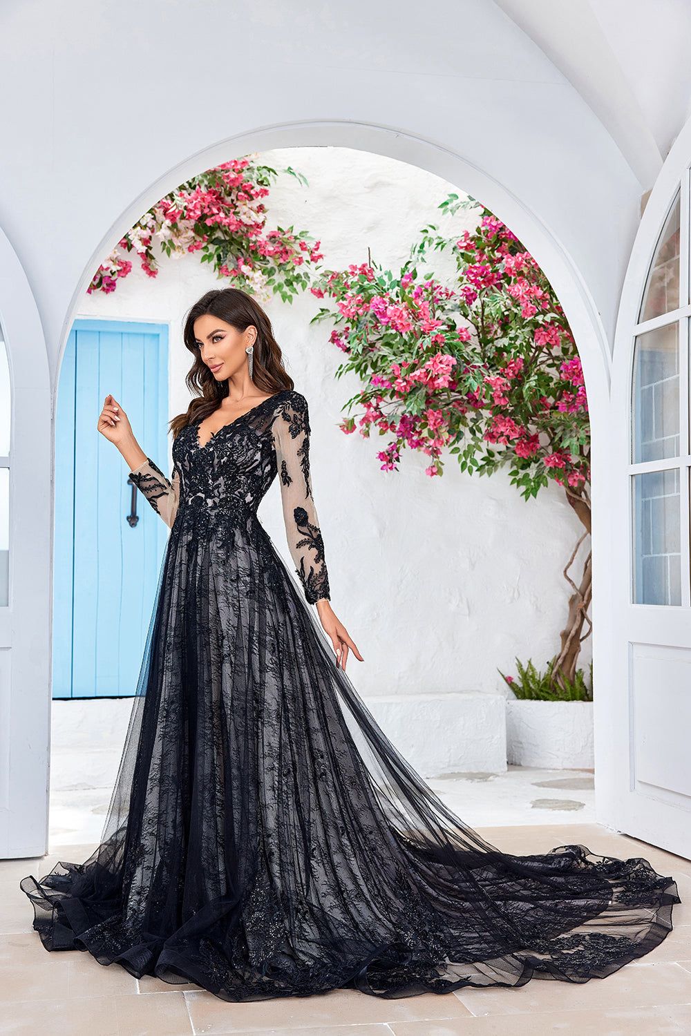 Elegant A Line V Neck Black Long Sleeves Chapel Train Lace Wedding Dress sold by Zapaka product image thumbnail 5