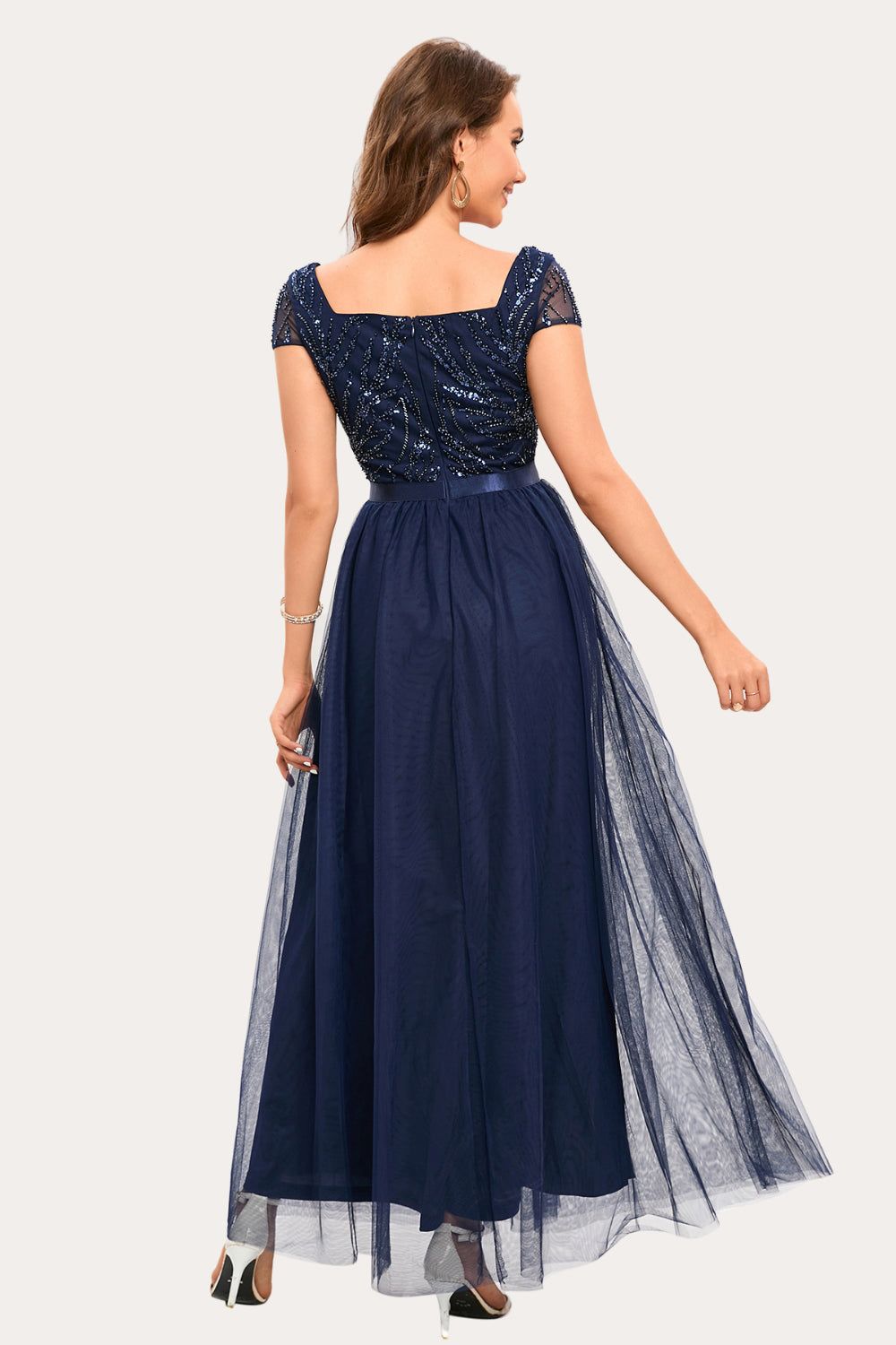 Sparkly Navy Beaded Square Neck Long Tulle Prom Dress sold by Zapaka product image thumbnail 2
